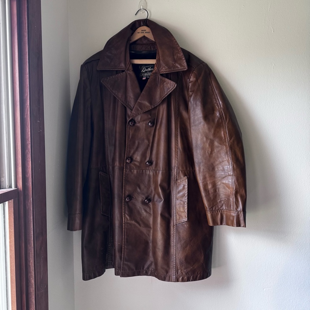 Grais‎ Genuine Leather Trench Coat Brown Fleece Lined
